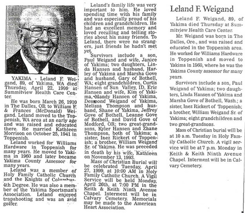 Leland Weigand Obituary - 1999