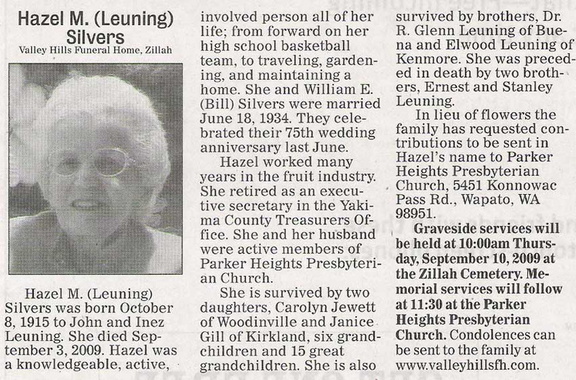 Hazel Leuning Silvers obituary - Sept 2009 - Class of 1933
