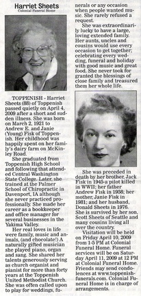 Harriet (Fisk) Sheets obituary - April 2009 - Class of 1939