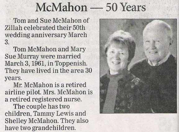 Tom McMahon ('54) &amp; Sue Murray McMahon ('55) -50th Anniversary - March 2011