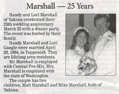 Randy Marshall ('79) - 25th Wedding Anniversary announcement - April 2009