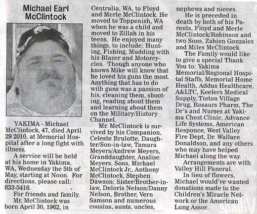 Michael McClintock ('80) obituary - April 2010