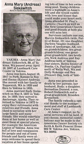 Anna (Andreas) Siekawitch obit - 2007. Class of 1935 ??