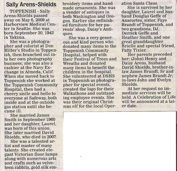Sally Arens Smith Shields obituary - May 2009 -  Class of 1960?