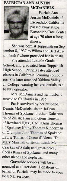 Pat (Austin) McDaniels obituary - Oct 2008 - unknown class year - possibly 1954?
