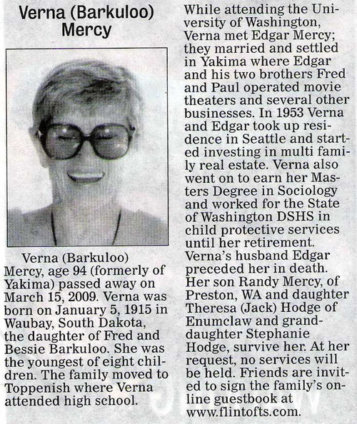 Verna (Barkuloo) Mercy obituary - March 2009 - Class of 1932?