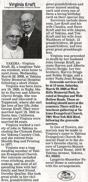 Virginia (Briggs) Kraft obit - March 2008