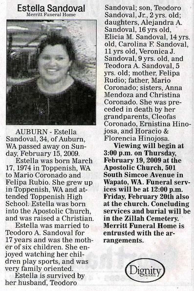 Estella (Coronado) Sandoval obituary - Feb 2009 - Class of 1992?