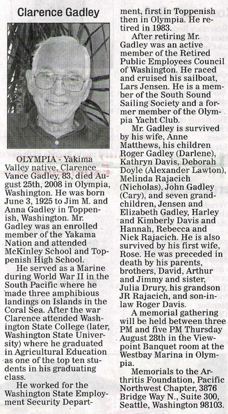 Clarence Gadley obituary - Aug 2008 - possibly Class of 1940?