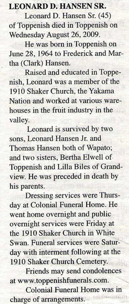Leonard Hansen Sr.  obituary - Sept 2009