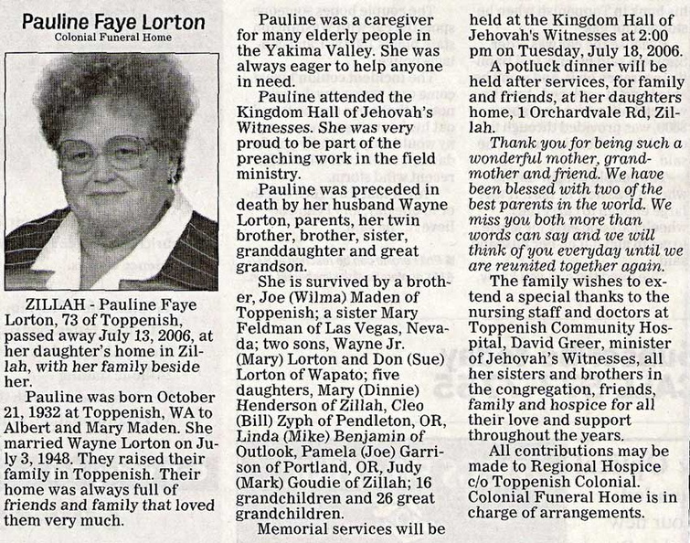 Pauline (Maden) Lorton obit - 2006. Class of 1950 ??