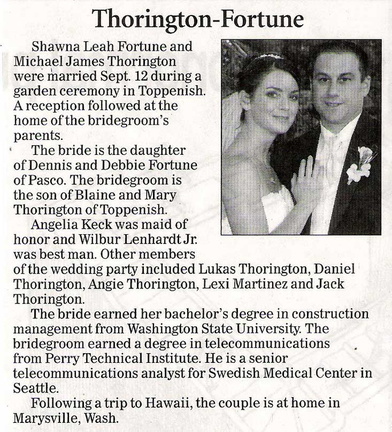 Michael Thorington wedding announcement - Oct 2009