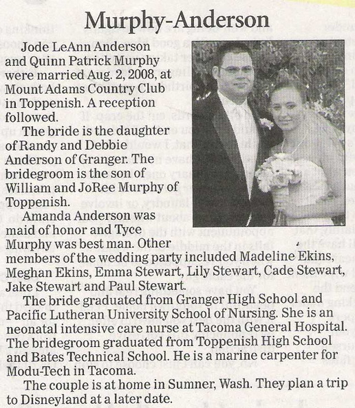 Quinn Murphy wedding announcement - July 2009
