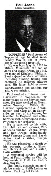 Paul Arens obit - May 1999. Class of 1943?