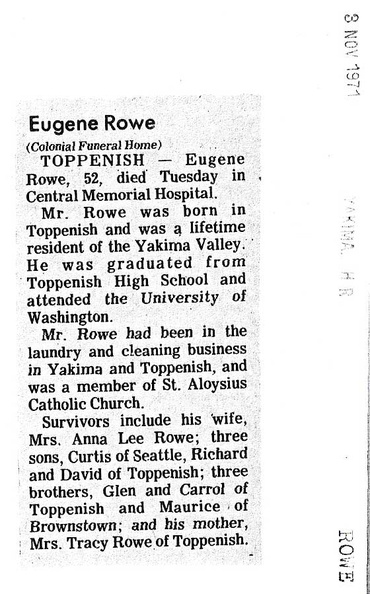 Eugene Rowe Obit  1971 - Class of 1937?