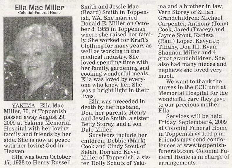 Ella Mae Smith Miller obituary - Sept 2009