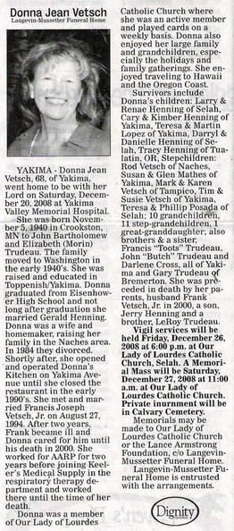 Donna (Trudeau) Vetsch obituary - Dec 2008 - Class of 1957 ?