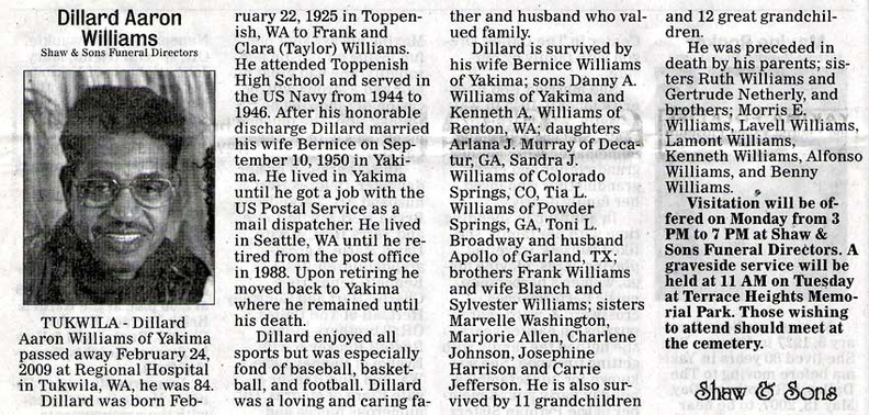 Dillard Williams obituary - March 2009 - Class of 1943?
