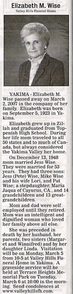 Elizabeth Wise obit. Could this be Elizabeth Sutter - Class of 1941?