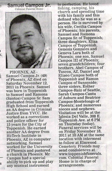 Samuel Campos Jr. obituary - Nov 2011