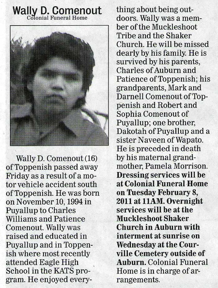 Wally Comenout obituary -  February 2011