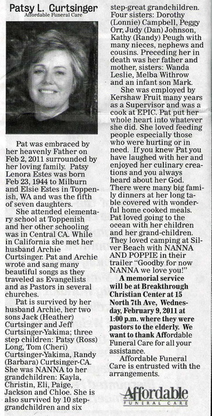 Patsy Estes Curtsinger obituary - February 2011