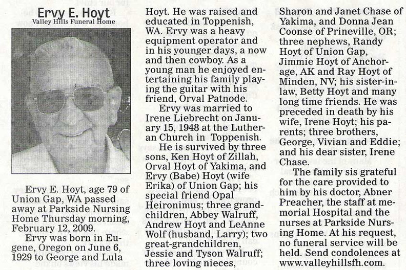 Ervy  Hoyt obituary - February 2009 - Class of 1946?