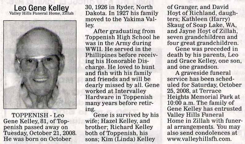 Leo Gene Kelley obituary - Oct 2008 - possibly Class of 1943?