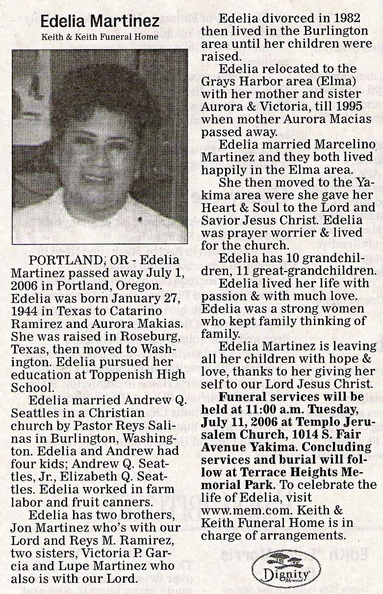 Edelia (Ramirez) Martinez obituary - Class of 1961?