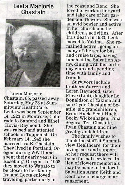 Leeta Raymond Chastain obituary - May 2009 - Class of 1941?