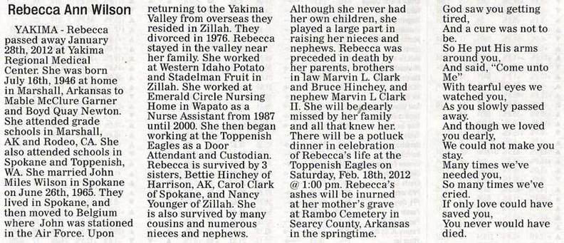 Rebecca Newton Wilson obituary - Feb 2012