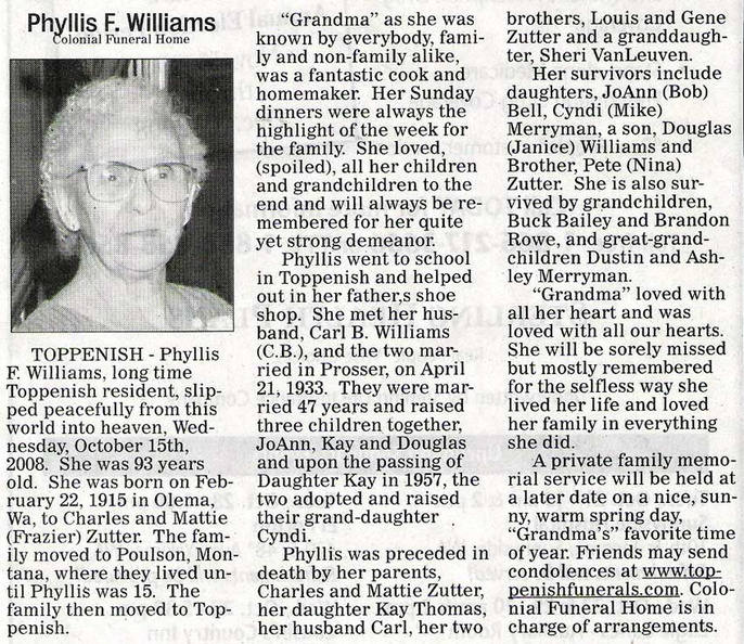 Phyllis (Zutter) Williams obituary - Oct 2008 - possibly Class of 1932?