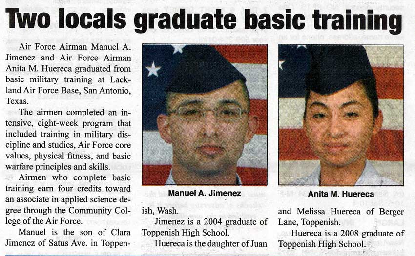 2 alums graduate from basic training - Manuel Jimenez ('04) and Anita Huereca ('08)