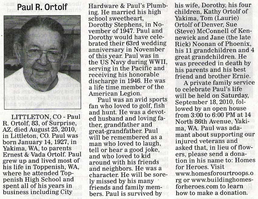 Paul Ortolf obituary - Sept 2010 - Class of 1947