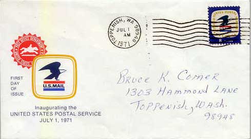 Inaugural of US Postal Stamp - 1971 - Envelope addressed to Mr. Bruce Comer (former Toppenish teacher)