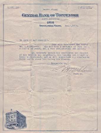 Central Valley Bank letter of reference for a 'Mr. McCready' - dated 1919