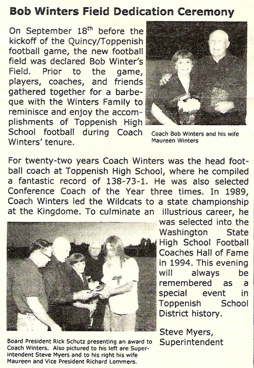 Bob Winters Field Dedication Ceremony article