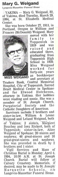 Mary (McDonald) Weigand obit - 1994. Class of 1929