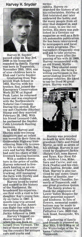 Harvey Snyder obituary - May 2009 - Class of 1933
