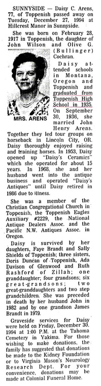 Daisy (Cochran) Arens obit - Jan 1995. Class of 1935
