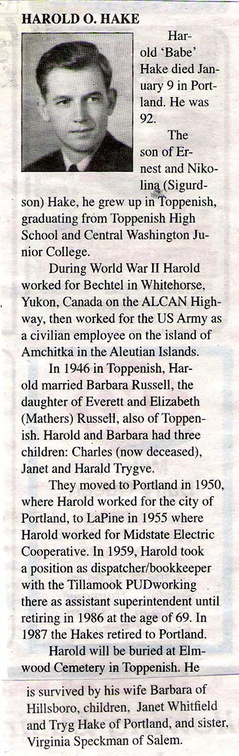 Harold Hake obituary - January 2010 -  Class of 1936