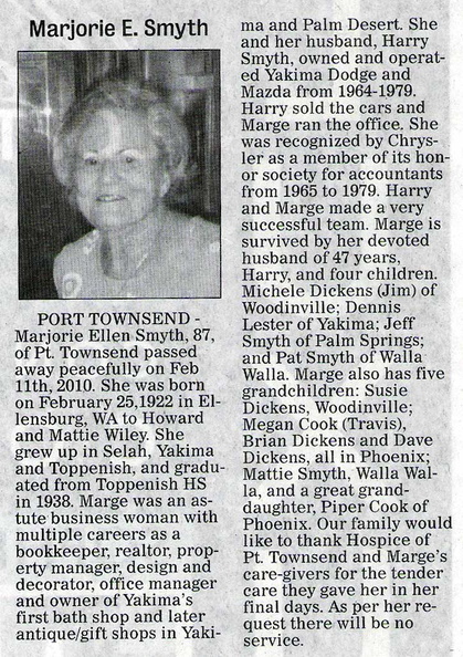 Marjorie Wiley Smyth obituary - February 2010 - Class of 1938