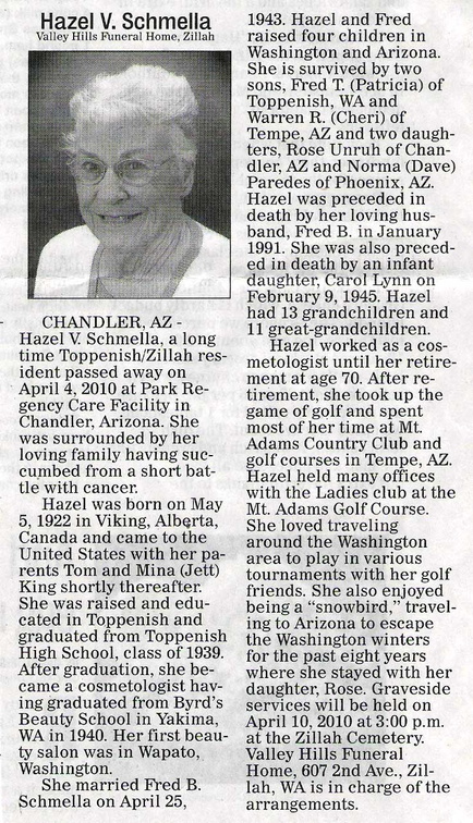 Hazel King Schmella obituary - April 2010 - Class of 1939