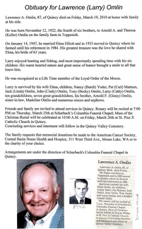 Lawrence Omlin obituary - March 2010 - Class of 1942
