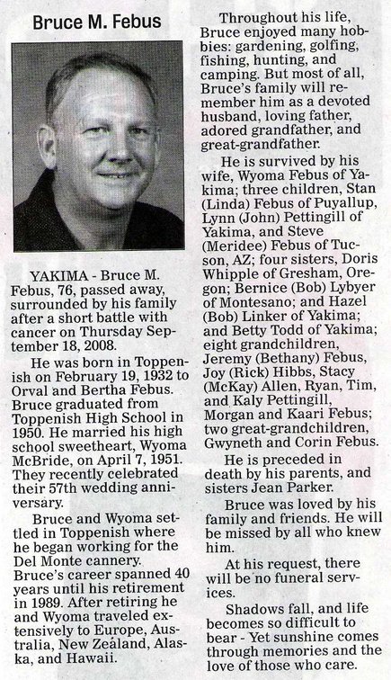 Bruce Febus obituary - Sept 2008 - Class of 1950