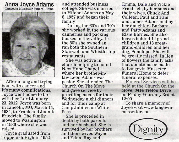 Anna Friedrich Adams obituary - Jan 2012 - Class of 1952