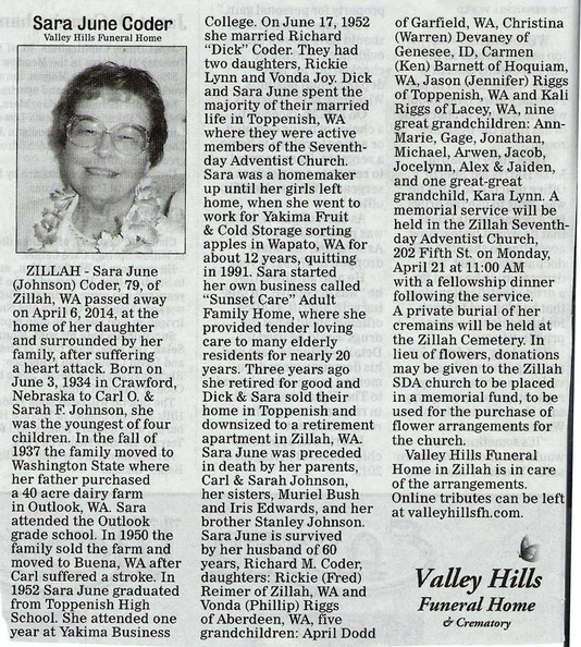 Sara June Johnson Coder obituary