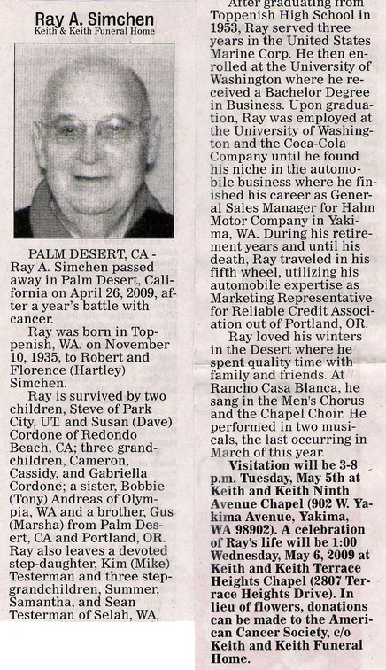 Ray Simchen obituary - May 2009 - Class of 1953