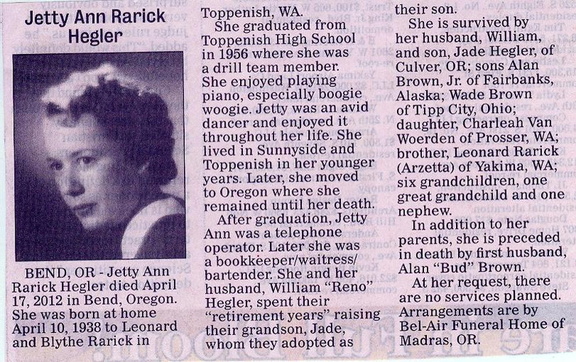 Jetty Ann Rarick Hegler Obituary