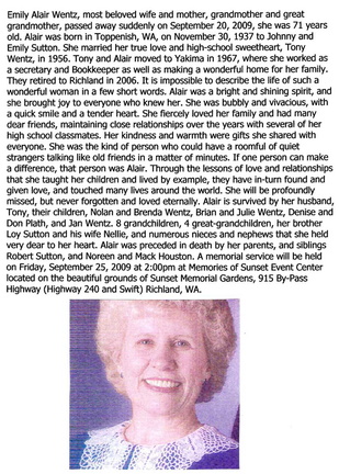 Alair Sutton Wentz obituary - Sept 2009 - Class of 1956